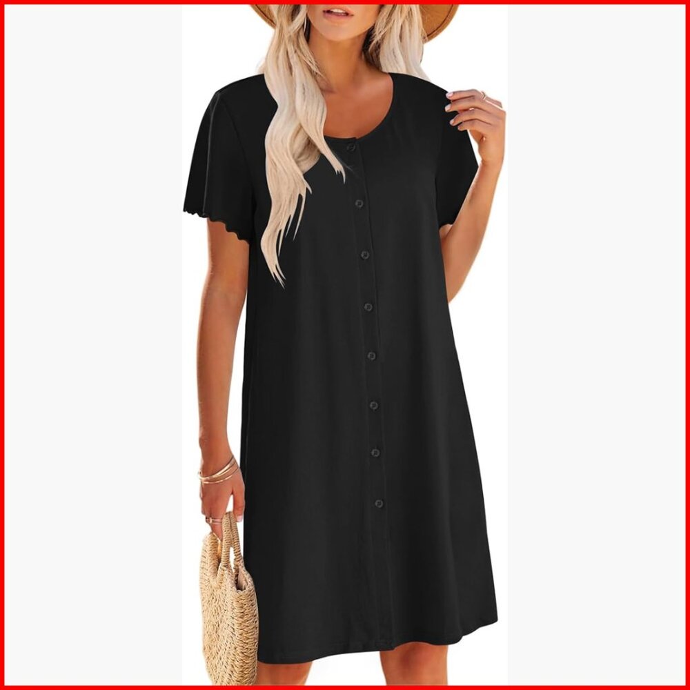 Cotton Nightgown Short Sleeve V-Neck Button Down Sleepshirt House Dress
